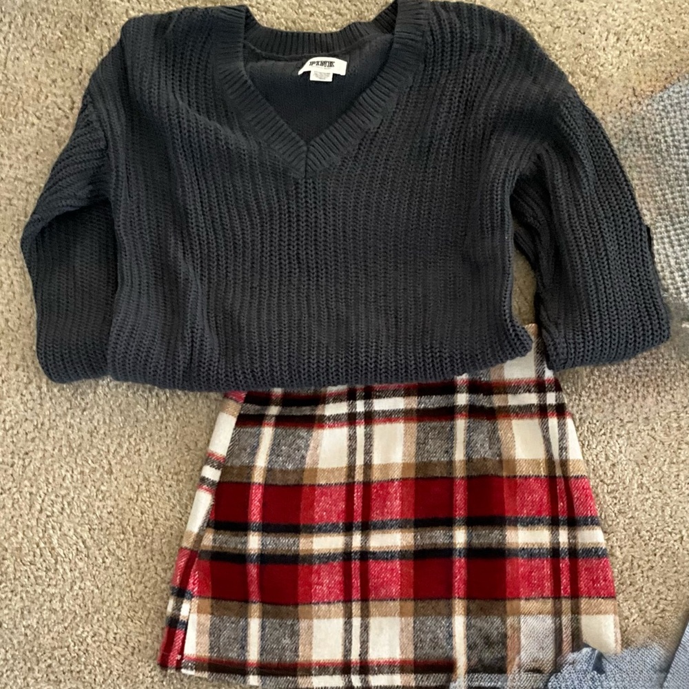 Victoria’s Secret Charcoal Gray V-Neck Sweater with Matching Plaid Mini Skirt